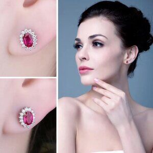 Jewelry earrings stud halo oval created red ruby 925 sterling silver elegant